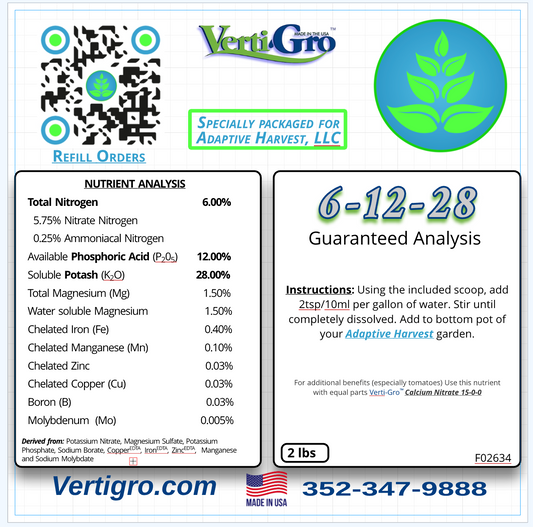 1/2lb 6-12-28 hydroponic nutrients packaged for Adaptive Harvest gardens
