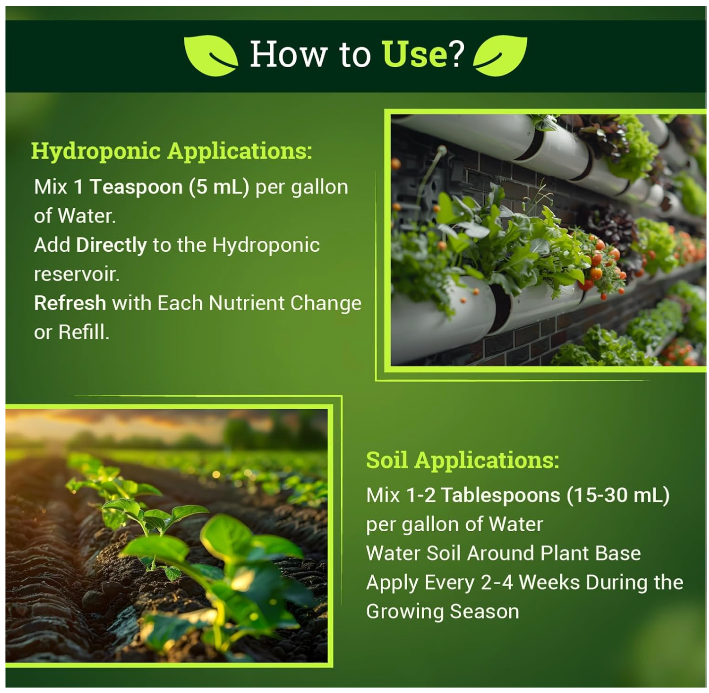 Instructions on how to use Kelp Me Seaweed in hydroponic and soil applications with images of plants.