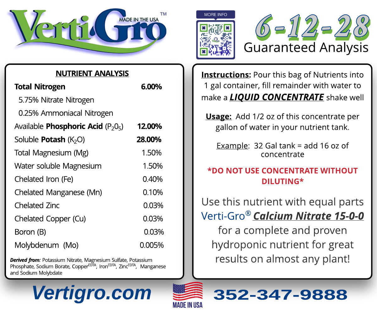 “Verti-Gro 6-12-28 nutrient label showing ingredients and mixing directions.”
