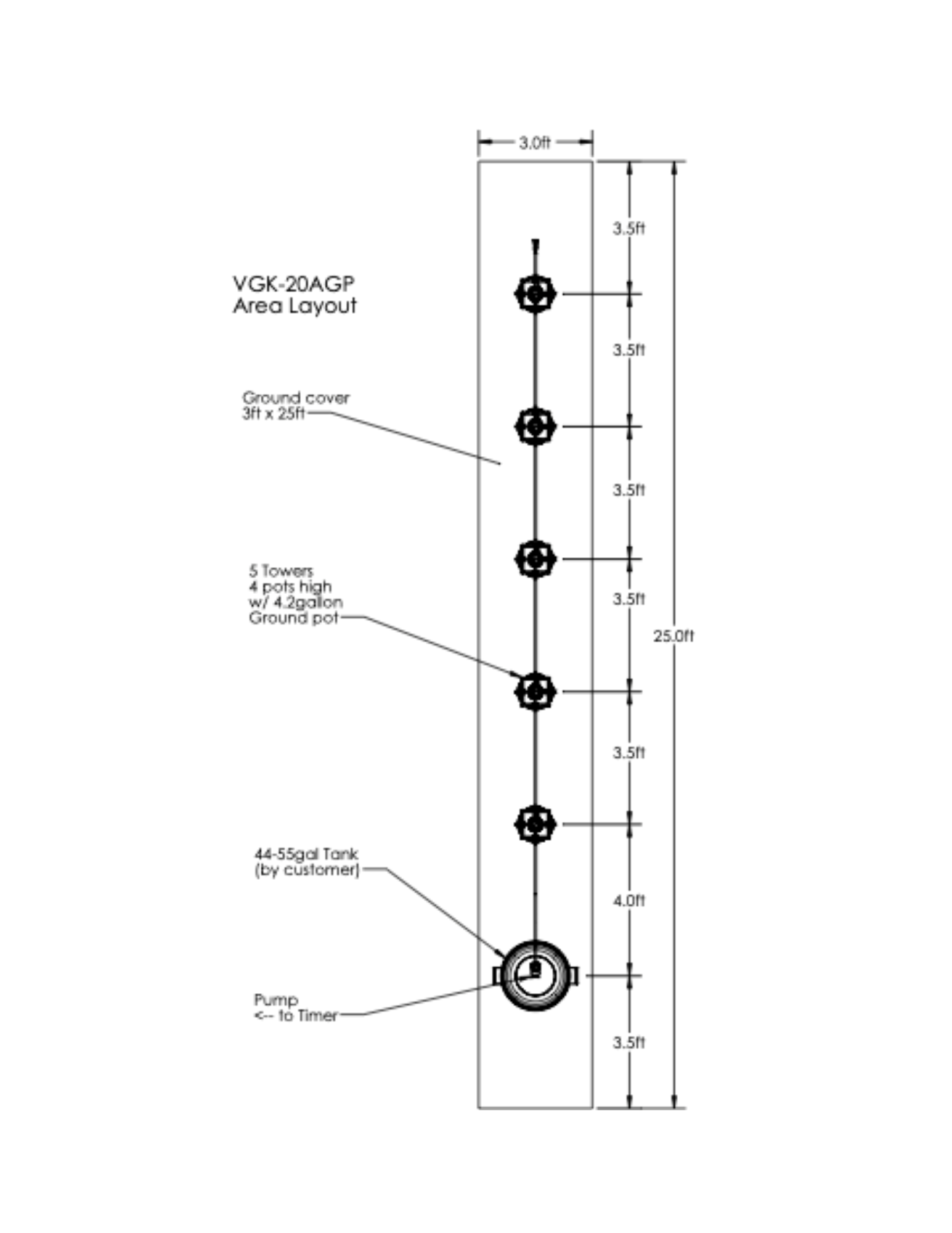 VGK-20AGP 5-tower vertical garden overhead drawing 