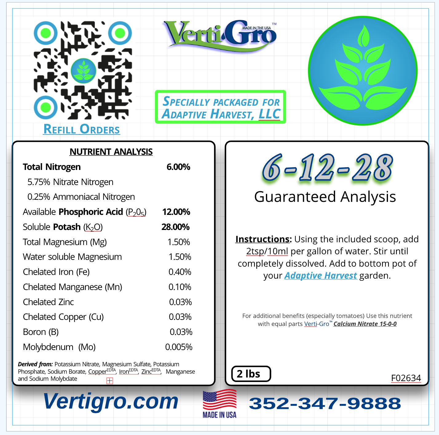 1/2lb 6-12-28 hydroponic nutrients packaged for Adaptive Harvest gardens