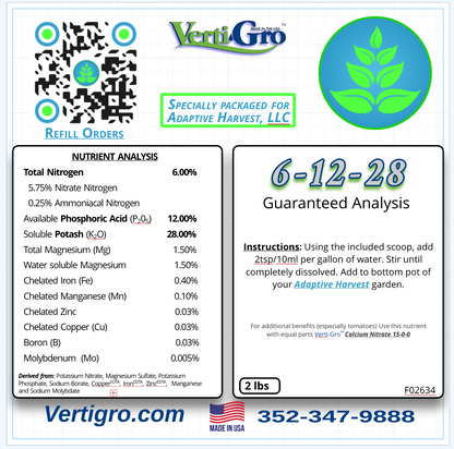 1/2lb 6-12-28 hydroponic nutrients packaged for Adaptive Harvest gardens