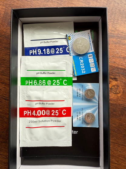 pH buffer powder and extra batteries for pH and TDS meters