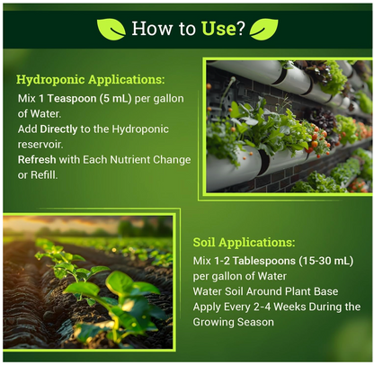 Instructions on how to use Kelp Me Seaweed in hydroponic and soil applications with images of plants.