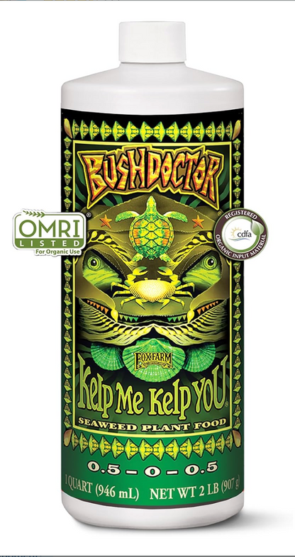 Bottle of Bush Doctor Kelp Me Kelp You seaweed plant food with green and white label.